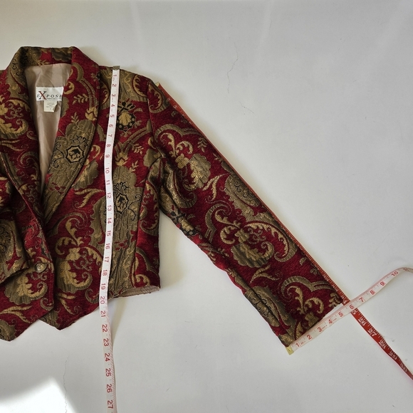 Expose Chenille Cropped Peaked Lapel Blazer Large Paisley Red Gold Western Vtg - Picture 4 of 16